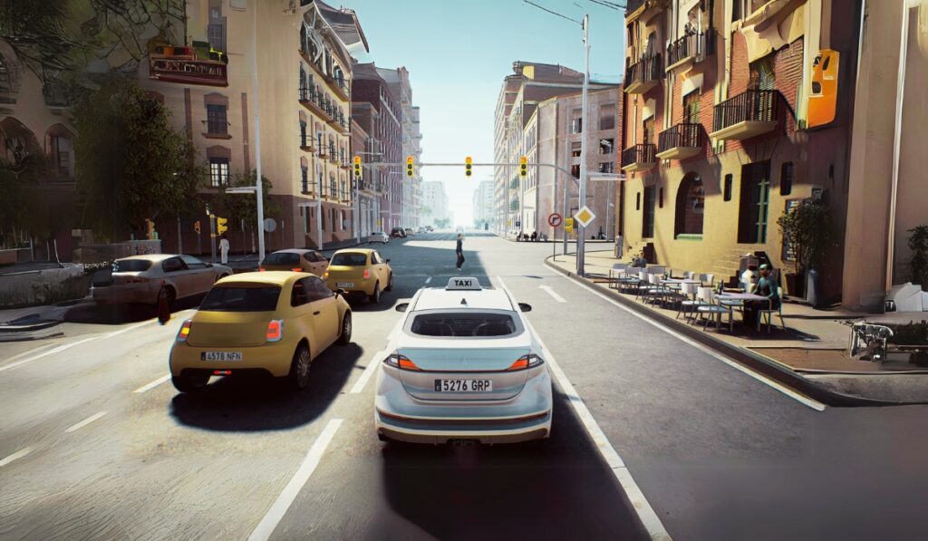 In Barcelona, Spain with Sagrada Familia, Casa Battló, and Park Güell in the background. Text: Explore Barcelona beyond the wheel in Taxi Life PS5.