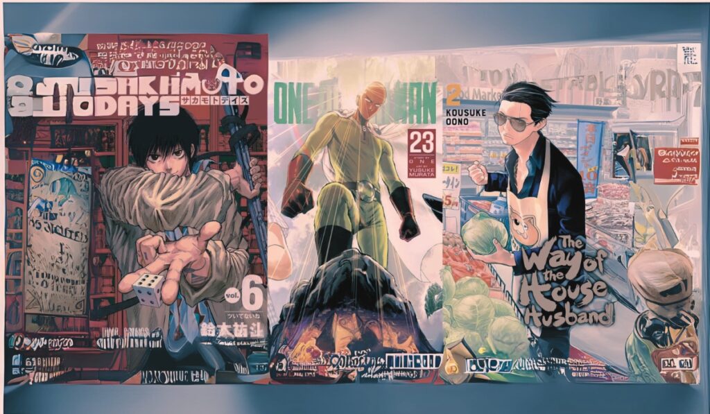 One Punch Man comic book cover with text: Superhero comedy series with a hilarious and action-packed plot