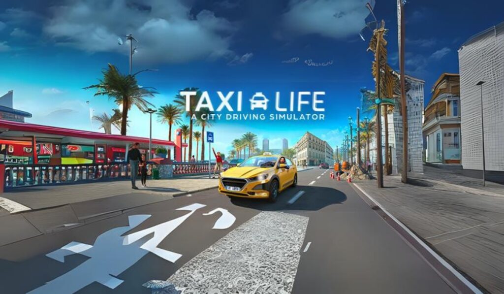 taxi driving through the streets of Barcelona, Catalonia, Spain. Text describes the game Taxi Life PS5.