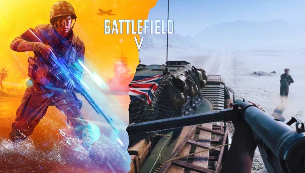 Battlefield V game cover art. It features a soldier in a World War II setting, with explosions and other soldiers in the background, conveying the chaotic and immersive nature of the game.