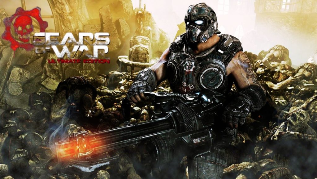 A close-up shot of Marcus Fenix in his armor, with a Lancer rifle in hand, ready for battle.