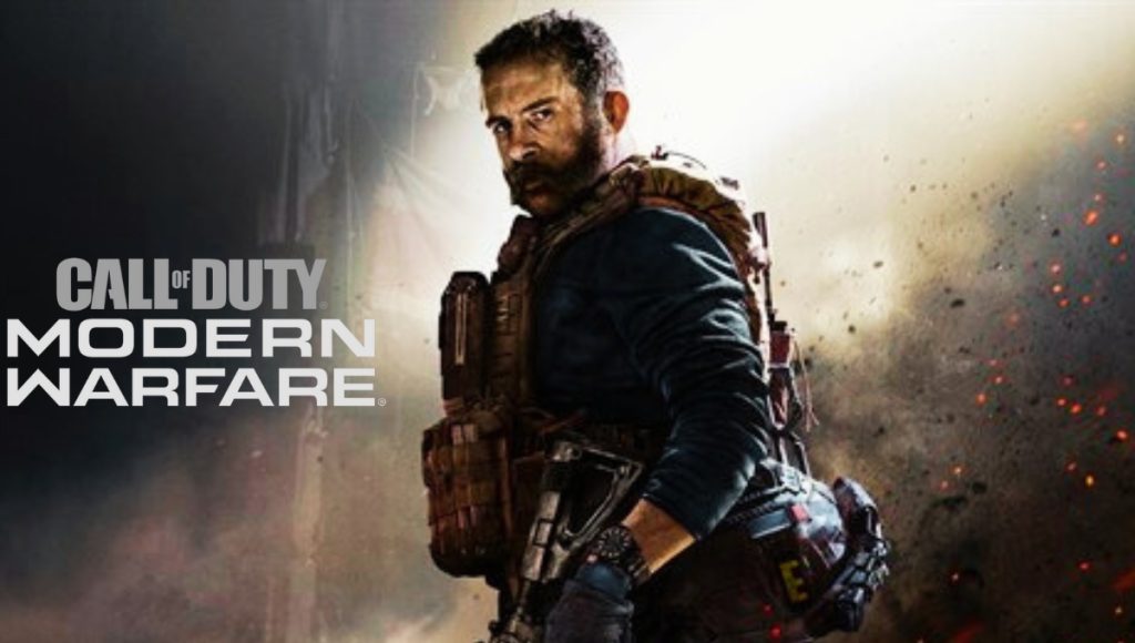 A first-person view of a soldier in Call of Duty: Modern Warfare, holding an assault rifle and aiming down sights in a dark, urban environment.