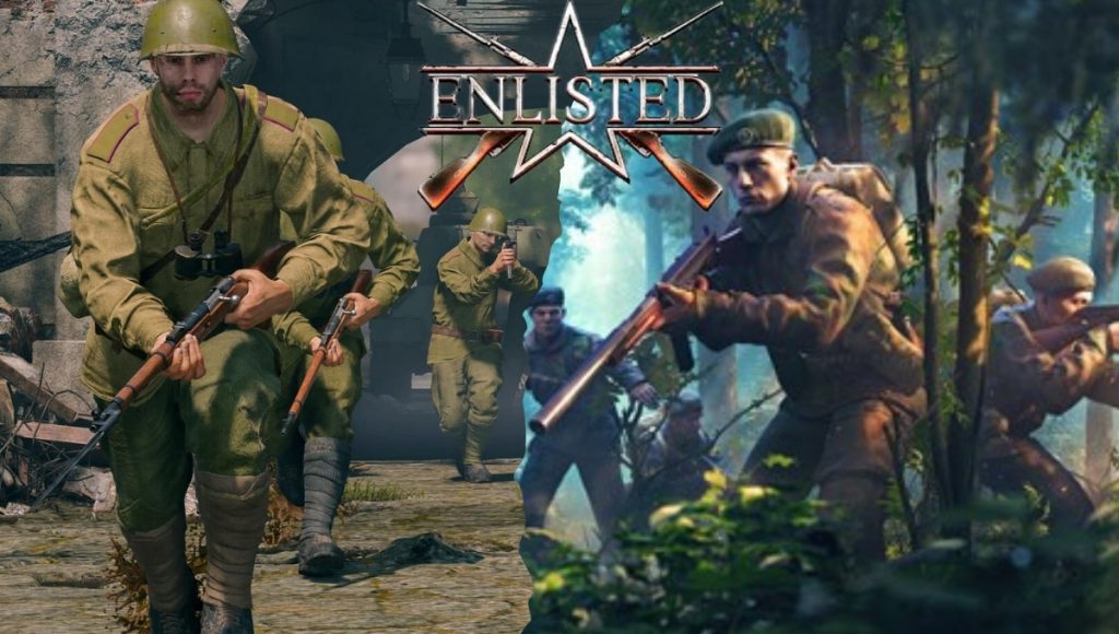 The game Enlisted, showing a soldier with a flamethrower leading a squad of AI soldiers through a battlefield. Tanks and other vehicles are visible in the background, with explosions and smoke filling the air.