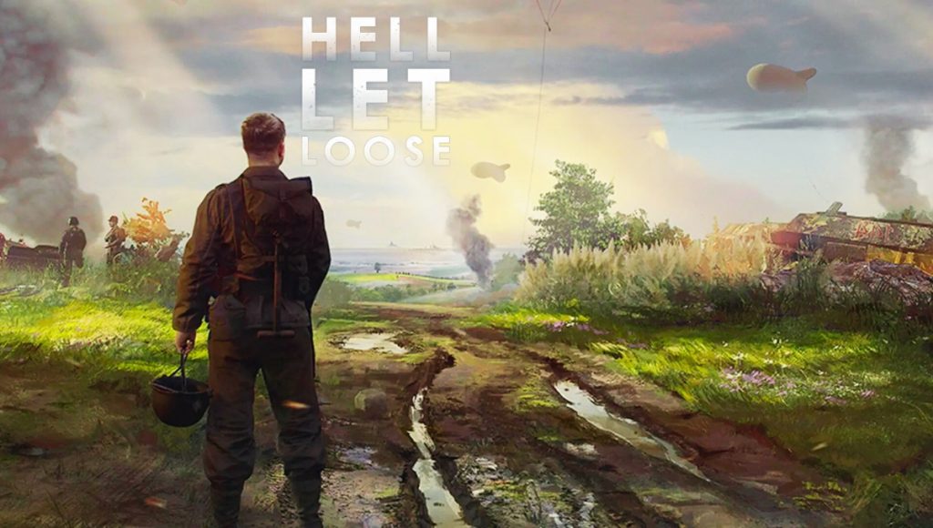 Gameplay from Hell Let Loose, a hardcore tactical first-person shooter featuring two teams of 50 players fighting on historically accurate maps. The image shows a soldier in a World War II uniform, hunkered down in a trench with a rifle, as explosions and smoke fill the air in the background.