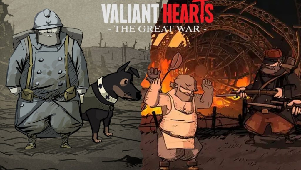 The game Valiant Hearts: The Great War, showing the four main characters and their dog amidst a stylized, comic-book-style warzone.
