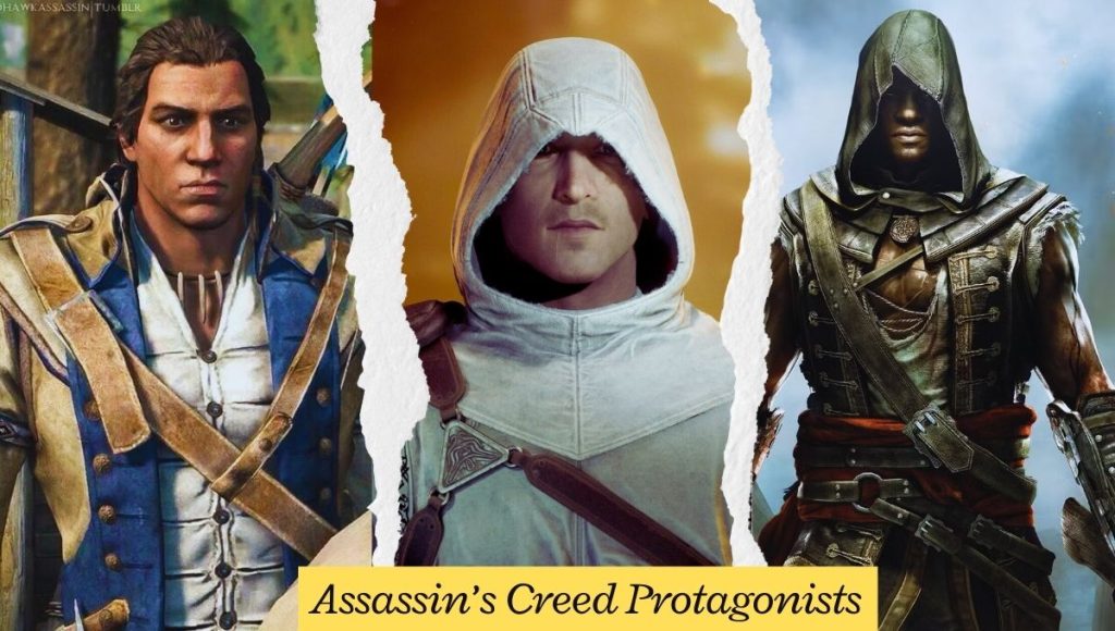 A collage featuring the seven main protagonists from the Assassin's Creed series, including Altaïr Ibn-LaʼAhad, Ezio Auditore da Firenze, Connor Kenway, Edward Kenway, Shay Cormac, Bayek of Siwa, and Eivor Varinsdottir. The image is a striking visual summary of the Mainline Assassin’s Creed Protagonists Kingsgame009.