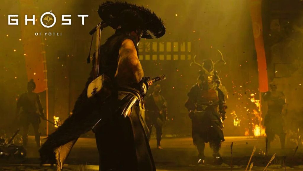 Ghost of Yotei weapons, including the kusarigama, spear, odachi, and tanegashima. The weapons are stylized to reflect the Edo-era.