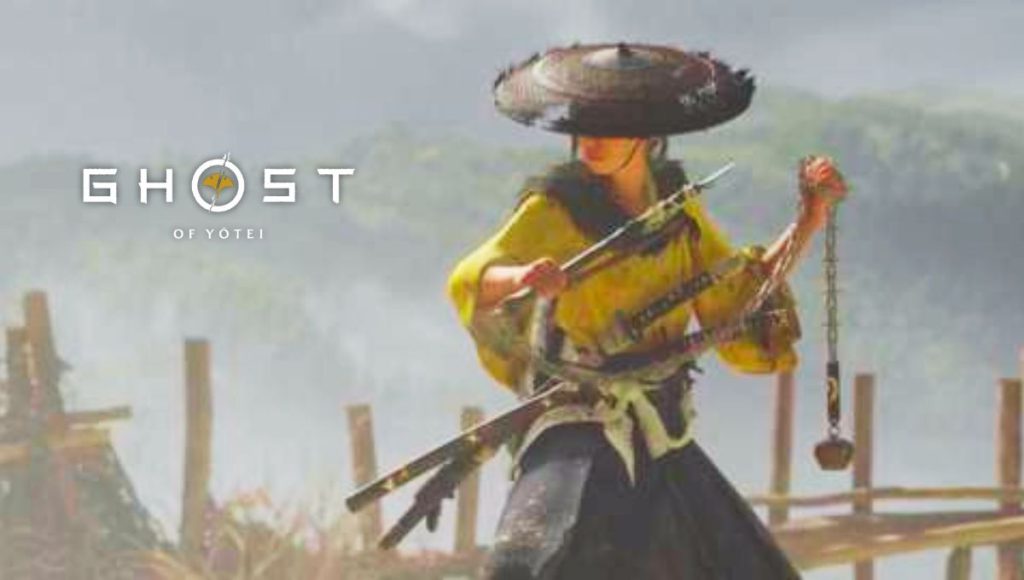 The in-game weapon Ghost of Yotei Kusarigama is shown. A detailed sickle is attached to a long, weighted chain.