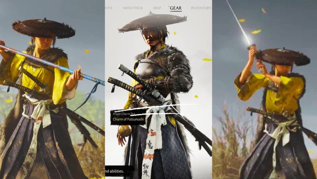 "Ghost of Yotei," Atsu, gripping a katana with one hand and a matchlock gun in the other, symbolizing the blend of traditional and new Ghost of Yotei Weapons in the game.