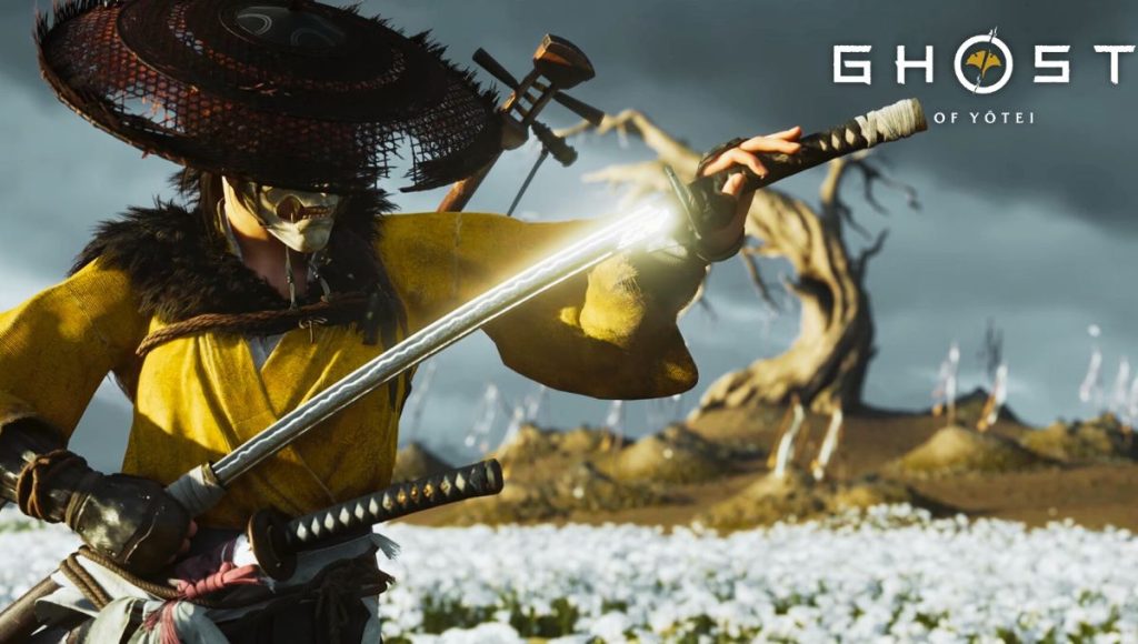 "Ghost of Yotei" wielding the "Dual Swords: Flurry of Blades" Kingsgame009 weapon, which glows with a synchronized fire buff.