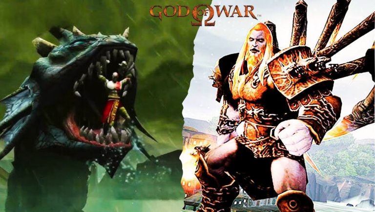 Kratos, the main character, fighting a cyclops, one of the many God of War 1 bosses