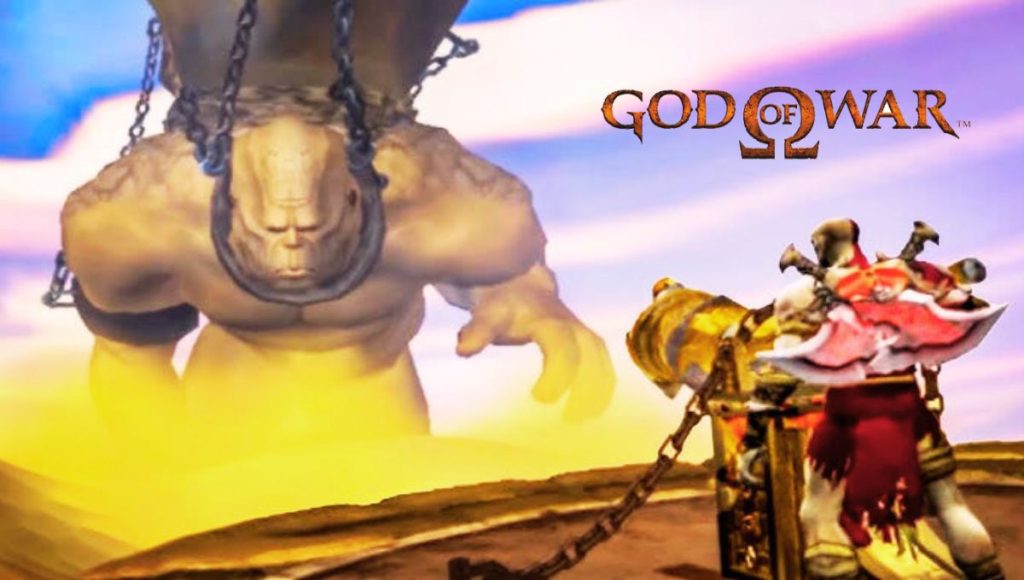 God of War 1 Remastered, showing Kratos, the main character, a bald Spartan warrior with a red tattoo, wielding his signature Blades of Chaos.