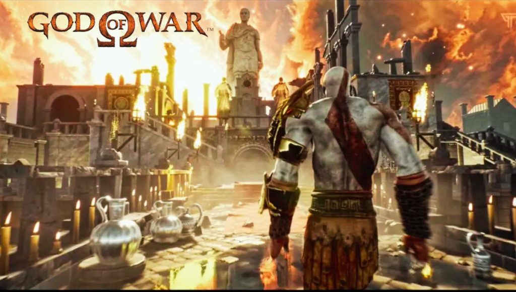 Kratos stands, bathed in light, with his Blades of Chaos ready for battle in God of War 1 Remastered.