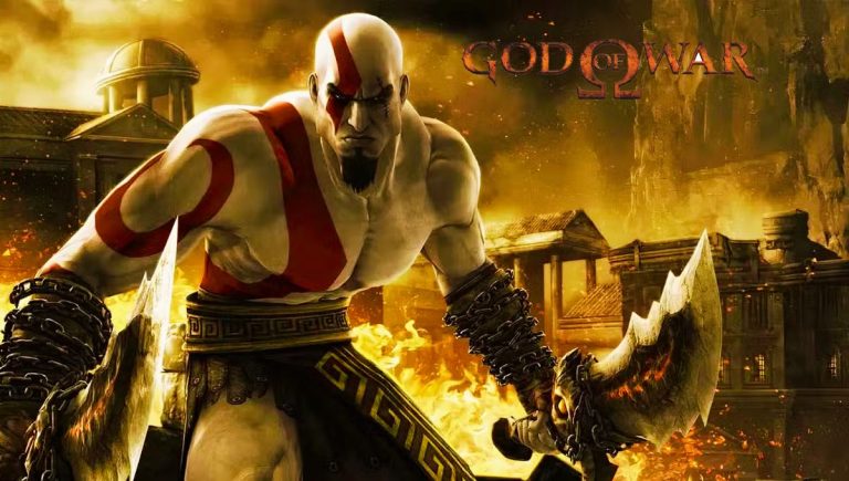 God of War 1 Remastered: A digitally remastered image of Kratos, the Ghost of Sparta, wielding his Blades of Chaos against a backdrop of ancient Greek ruins.