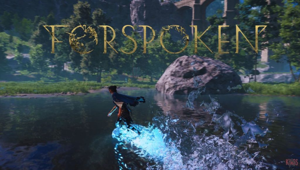 Examining Forspoken's fluid, high-speed magic parkour system that let you run faster and traverse the open world, featuring a screenshot of Frey Holland.