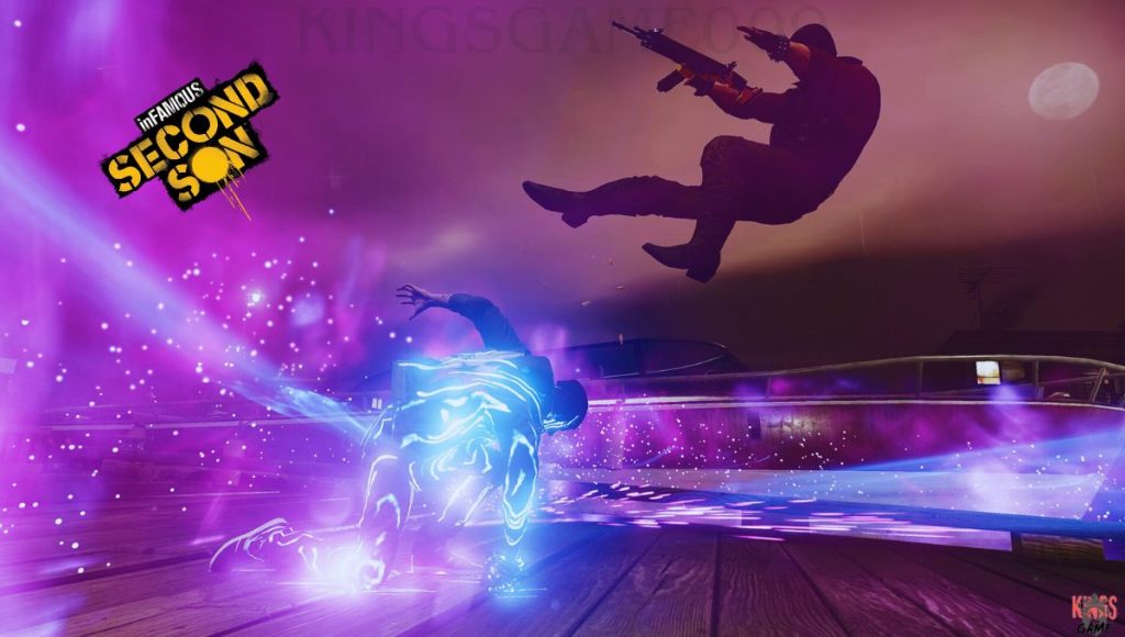 Delsin Rowe using the Neon Sprint ability in inFAMOUS Second Son, a power that will let you run faster through Seattle.