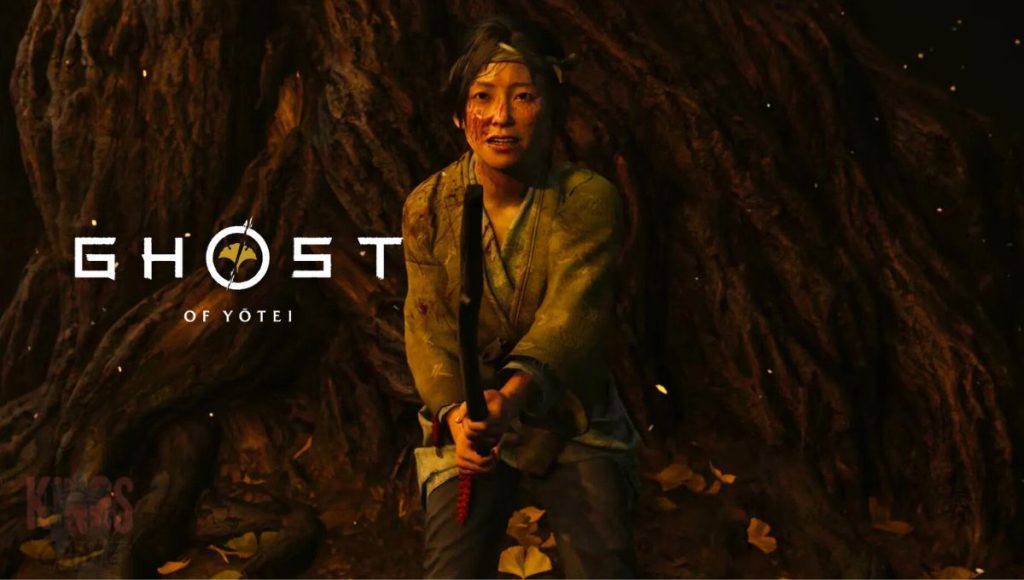 Promotional image for Ghost of Yotei, an upcoming open world RPG set in a supernatural ancient land with lush forests, snow-capped mountains, and mysterious ruins. The game features stunning visuals, unique combat, and deep player customization.