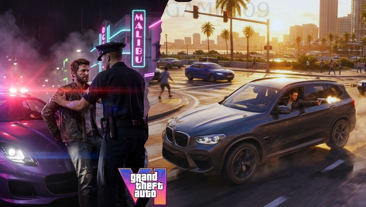 Grand Theft Auto 6 Multiplayer concept showing realistic online gameplay with police, fines, and jail time mechanics.