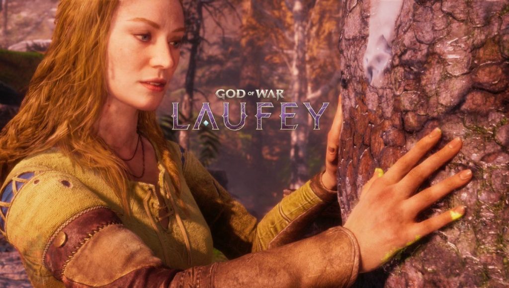 God of War Laufey, also known as Faye, standing in a mythical realm of time and fate with new companions, symbolizing legacy, sacrifice and self-discovery.