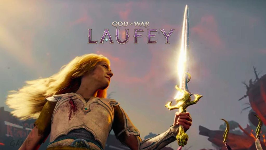 God of War Laufey Faye wielding her legendary sword with a golden hand, showing fast and relentless combat momentum in the Everywhere.