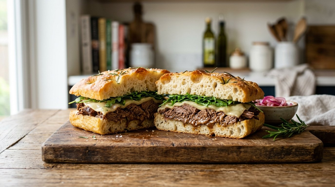 Crispy Italian focaccia sandwich filled with deli meat, melted cheese, lettuce, tomato, and onion.
