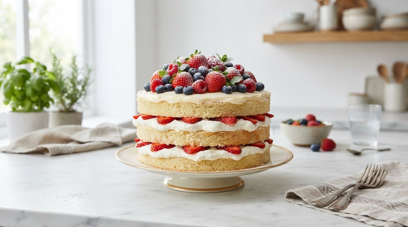 Fresh Fruit Vanilla Layer Cake topped with strawberries and kiwi slices