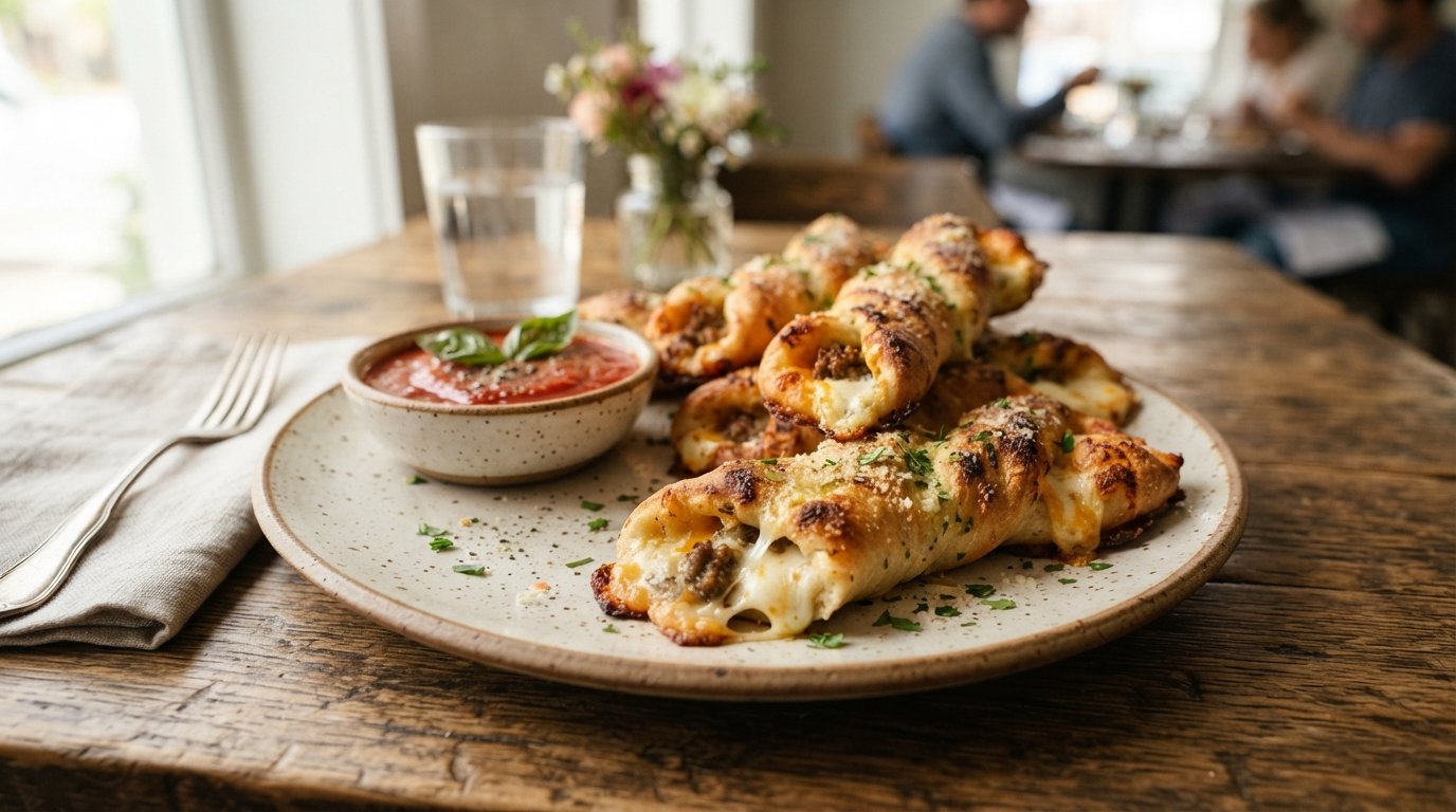 Homemade meat and cheese breadsticks with melted mozzarella and seasoned beef filling.