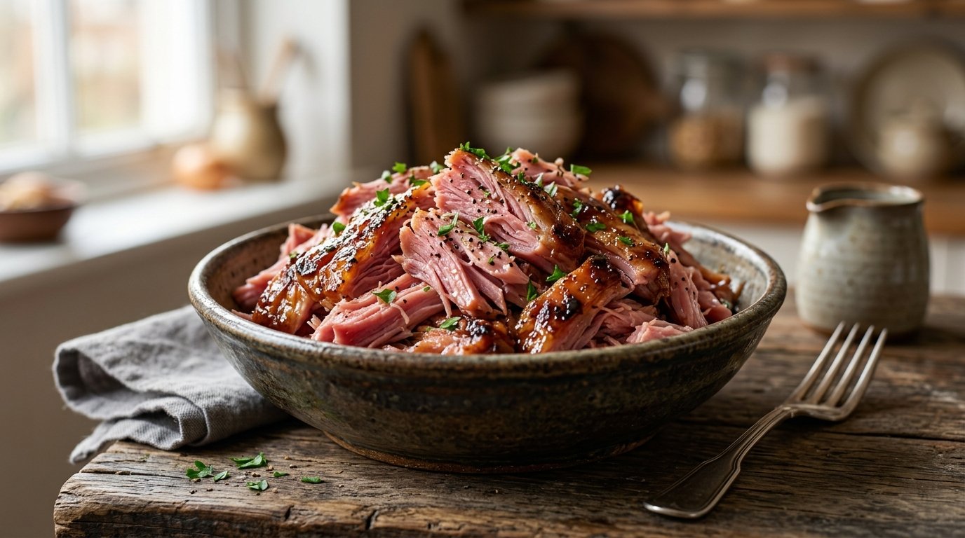 Tender slow cooker shredded ham served in a rustic bowl