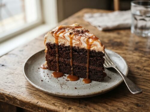 Moist Chocolate Cake with Caramel Cream Topping Chocolate_cake_on_plate_202608132121