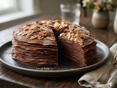 Easy Chocolate Crepe Cake with Almonds Chocolate_crepe_cake_on_table_202608020321