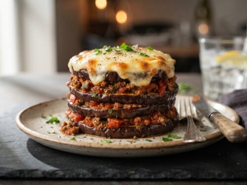Easy Eggplant Moussaka Stacks with Cheesy Meat Sauce Eggplant_moussaka_stack_on_plate_202608171240