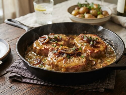 Honey Mustard Pork Steaks with Onion Sauce Pork_loin_steaks_in_skillet_202608161444
